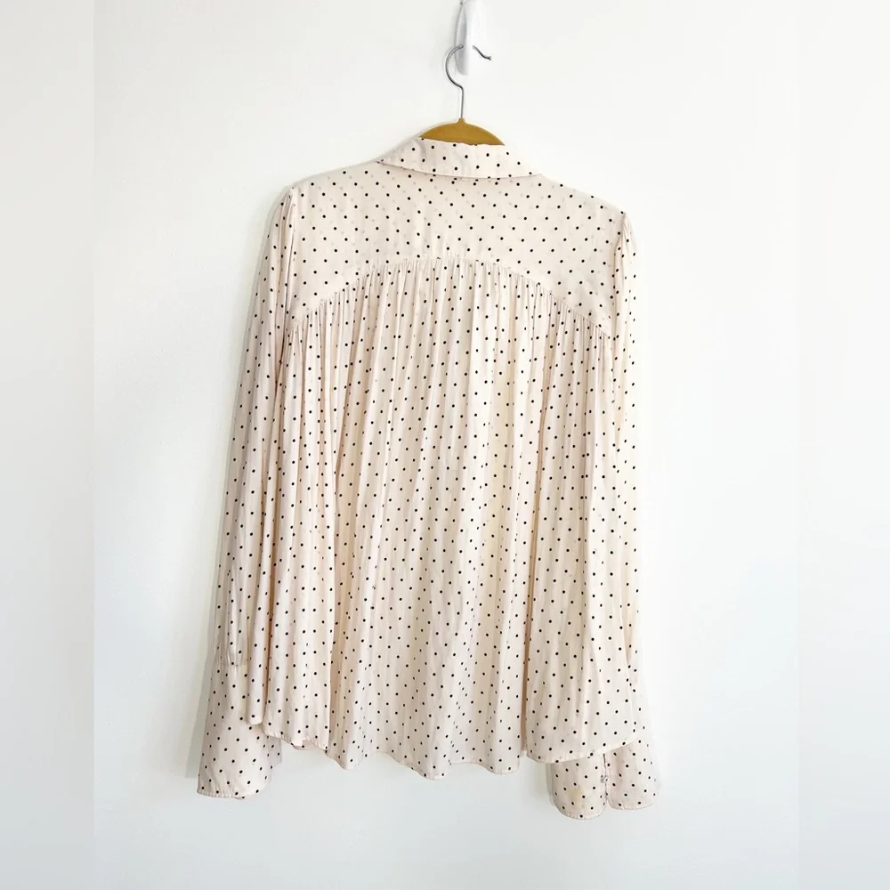 Free People Beige Pink Kennedy Button Down Polka Dot Bell Sleeve Blouse Size L - Picture 7 of 13